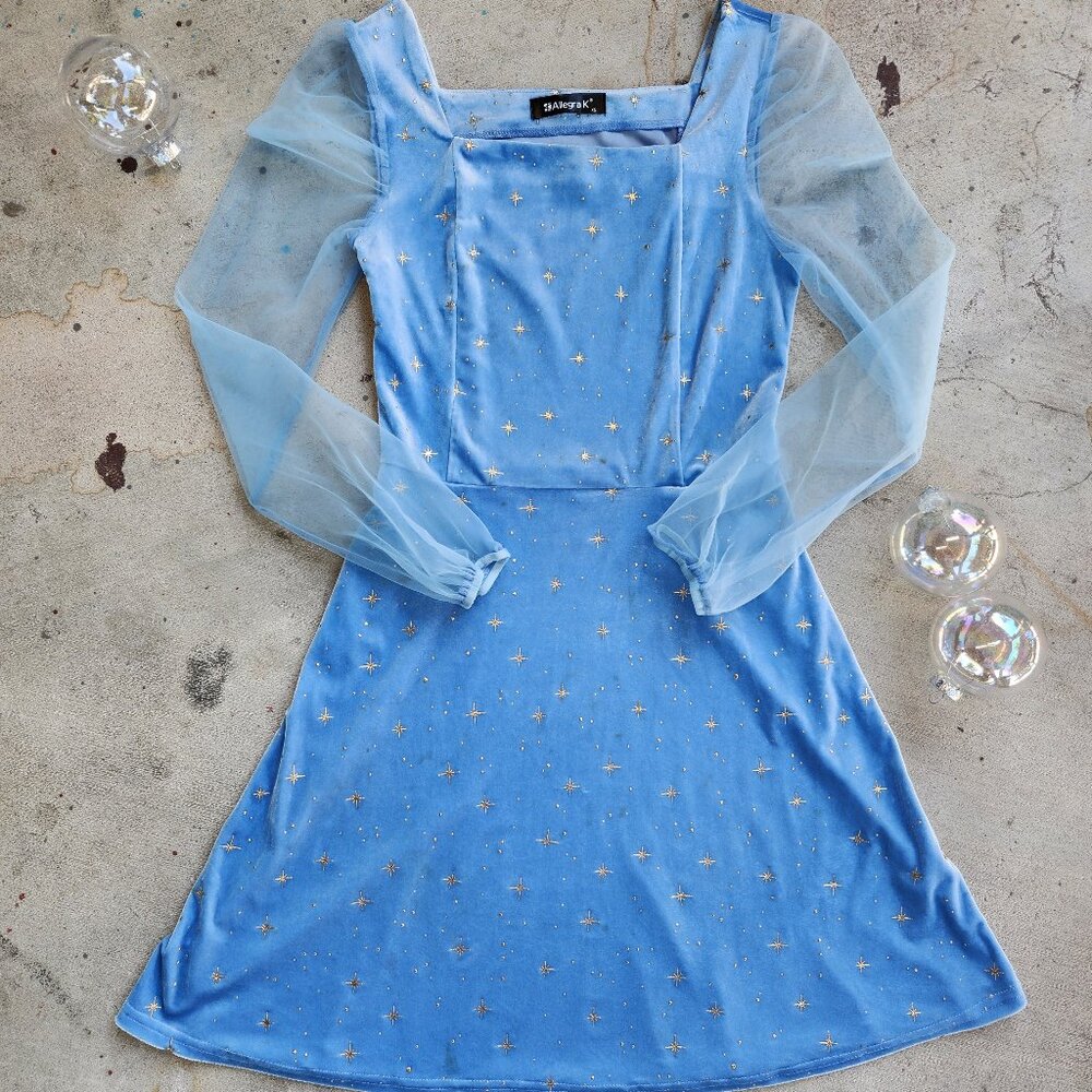 ❄️Holiday❄️ Sheer Puff Sleeve Glitter Metallic Star Velvet Mini Dress XS/S